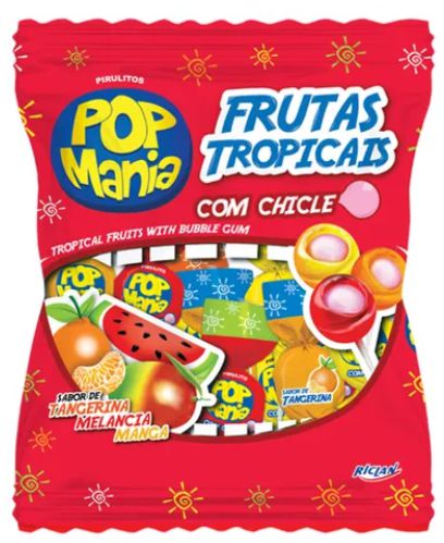 Pirulito Pop Mania Frutas Tropicais Recheio Chiclete c/50 - Riclan