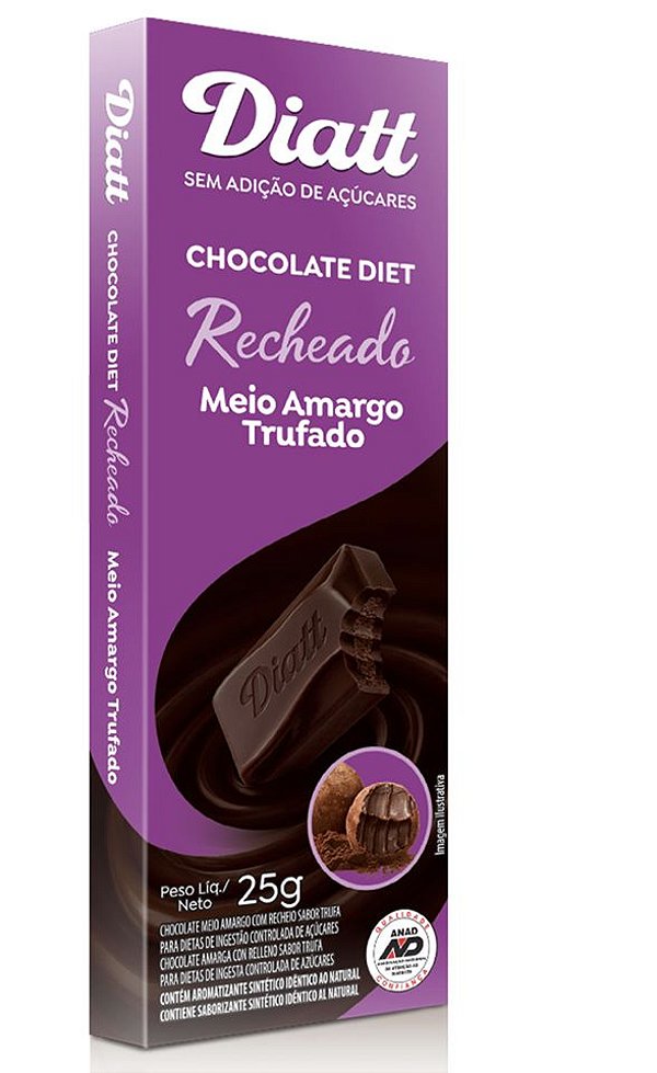 Chocolate diet recheado meio amargo trufado 25g - Diatt