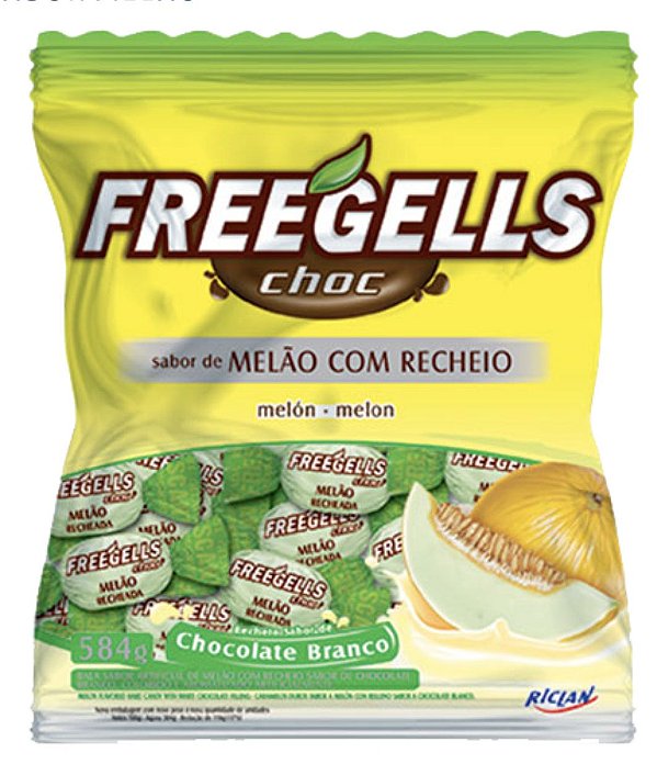 Bala Dura Melão com recheio Chocolate Branco  Freegells 584g - Riclan
