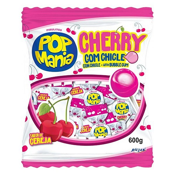 Pirulito Pop Mania Cherry 600g com 50 Unidades - Riclan