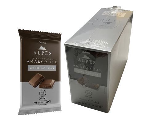 Chocolate Alpes Amargo 72%  Zero Açúcar 16 unidade de 25g - Salware