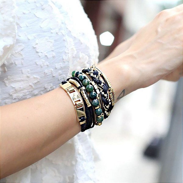 Look de Pulseiras Ágata Musgo Dourado