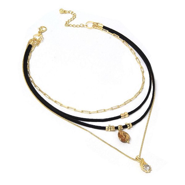 Colar Choker  Preto Jaspe Madeira