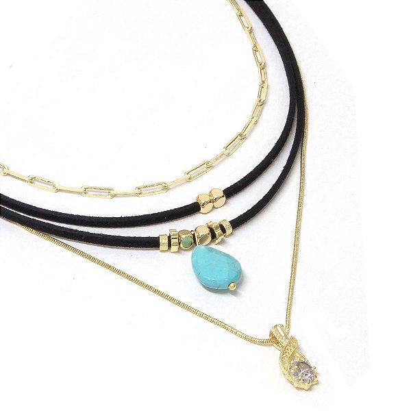 Colar Choker Preto Pedra Turquesa