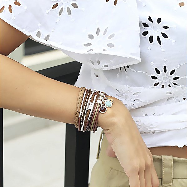 Look De Pulseiras Couro Cora Coralina Prata