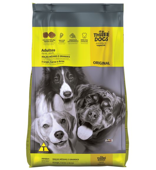 Ração Three Dogs Original Frango, Carne e Arroz para Cães Adultos Raças Médias e Grandes  10,1kg