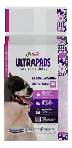 Petlike Tapete Higiênico Para Cães Ultra Pads Lavanda 80cm X 60cm Com 30 Unidades