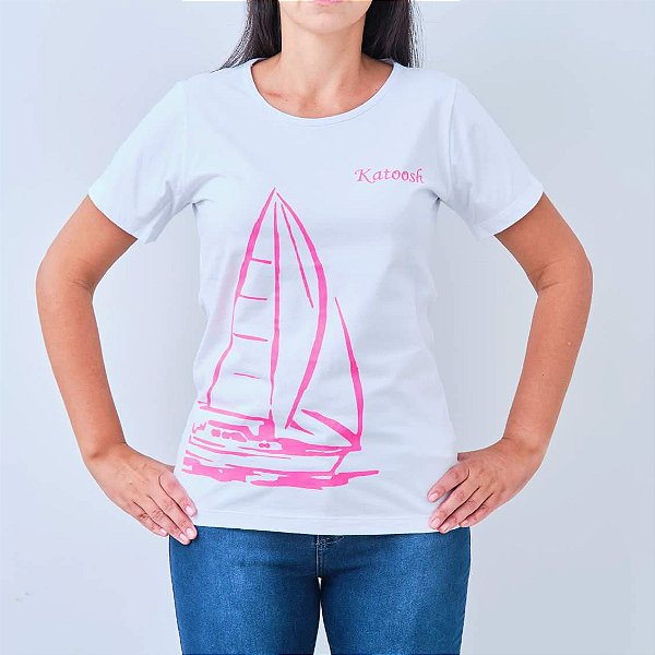 Camiseta feminina -TRIPULAÇÃO- Branca com Rosa