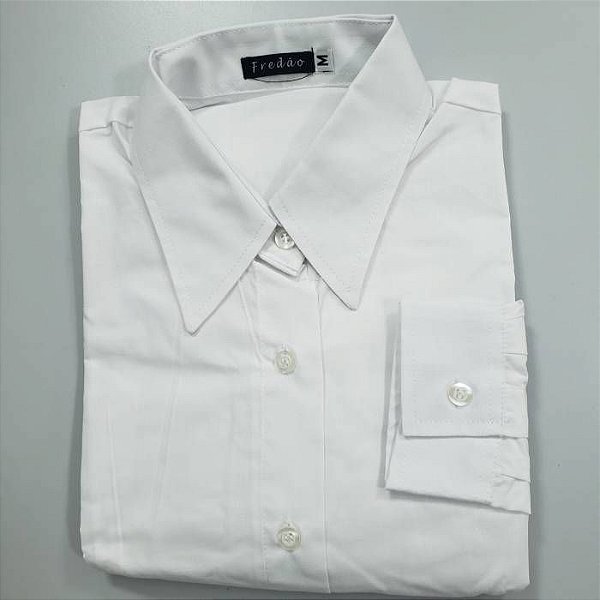 Camisa feminina branca manga longa passa fácil 50% de algodão e 50% poliéster, ref 1455