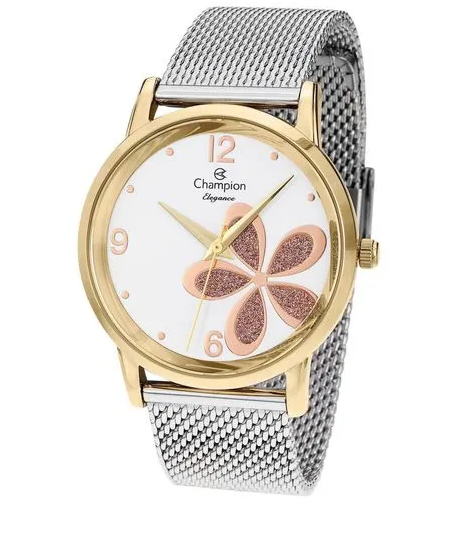 Relógio CHAMPION feminino misto dourado prata flor CN24315H