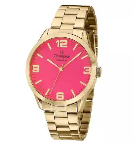 Relógio Feminino Champion Analógico Dourado Fundo Rosa Pink CN29892J