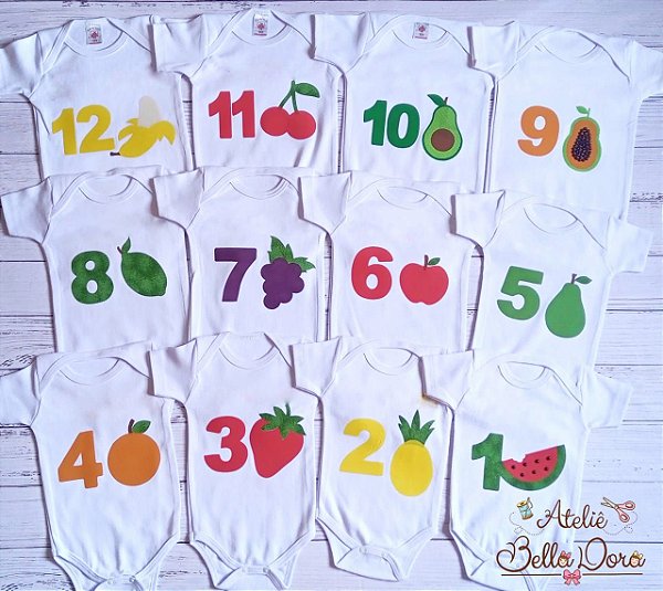 Kit com 12 bodys Mesversario frutinhas Menino