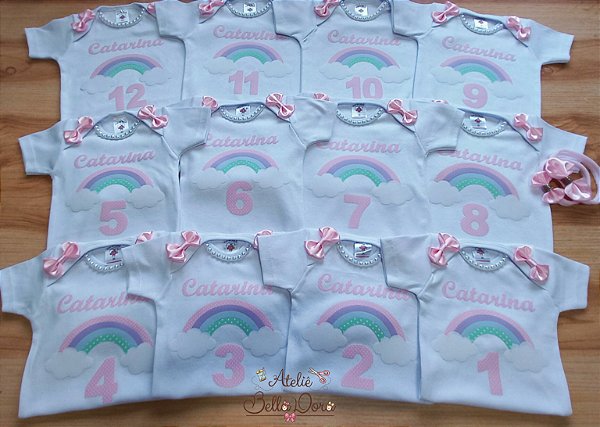 Kit 12 bodys Mesversario Menina Arco Íris