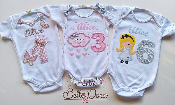 kit com 3 bodys para Mesversário Menina