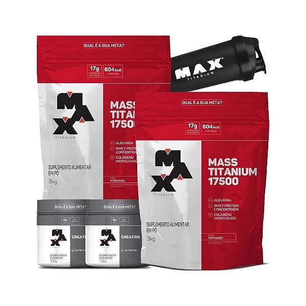 Kit 2x Mass Titanium 17500 3kg + 2x Creatina 100g + Coqueteleira - Max Titanium