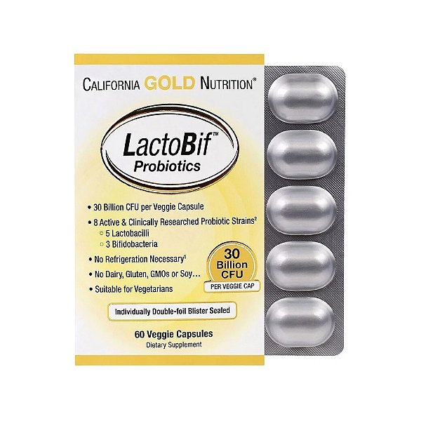 Probióticos LactoBif 30 Bilhões de UFCs 60 Cápsulas Vegetais - California Gold Nutrition