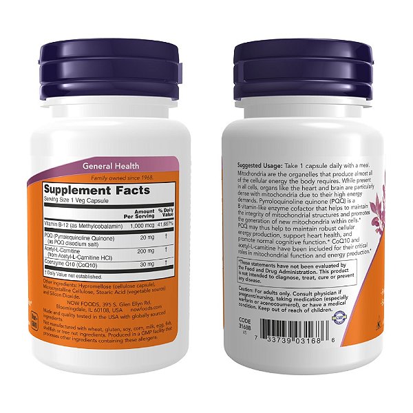 PQQ Energy 30 Cápsulas Now Foods BH Suplementos