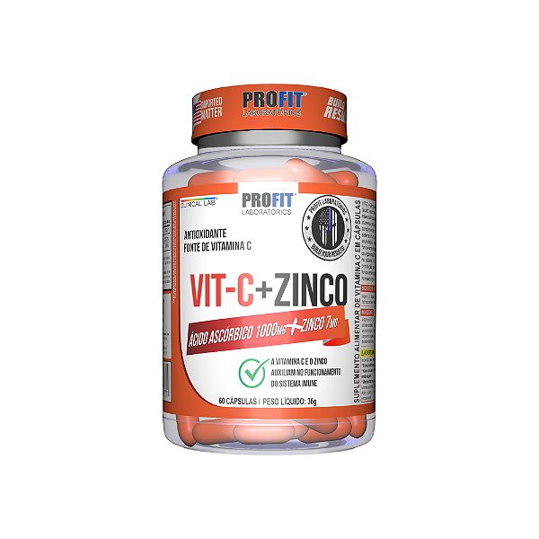 Vit-C + Zinco Ácido Ascórbico 1000mg + Zinco 7mg 60 Cápsulas - PROFIT