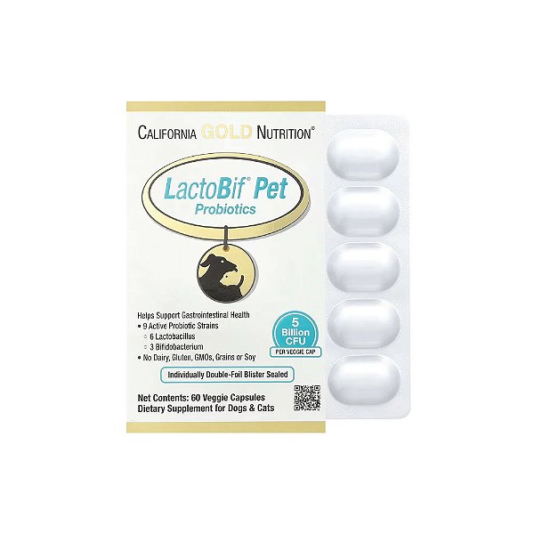 Probióticos LactoBif® para Animais de Estimação 5 Bilhões de UFCs 60 Cápsulas Vegetais - California Gold Nutrition