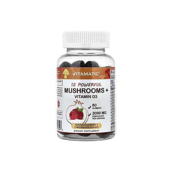 12 Cogumelos Poderosos + Vitamina D3 Framboesa e Romã Naturais 60 Gomas - Vitamatic