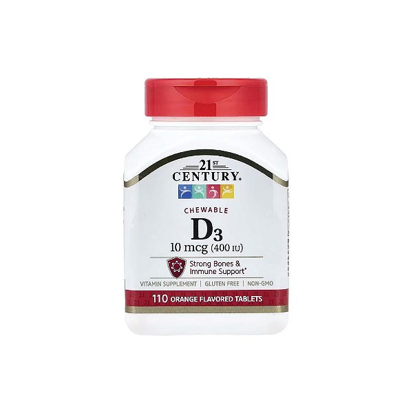 Vitamina D3 Mastigável Laranja 400UI 110 Comprimidos - 21st Century