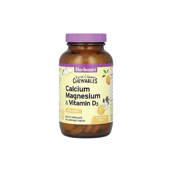 Cálcio, Magnésio e Vitamina C e D3 Mastigável EarthSweet Sabor Laranja e Baunilha 90 Gomas - Bluebonnet Nutrition