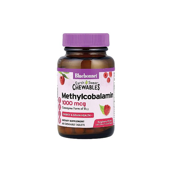 Metil-cobalamina Vitamina B12 Mastigável EarthSweet Sabor Framboesa 1.000mcg 60 Mastigáveis - Bluebonnet Nutrition