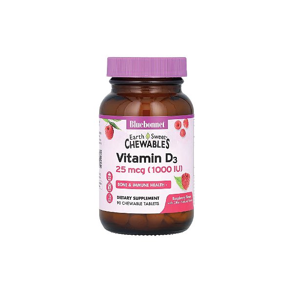 Vitamina D3 Mastigável EarthSweet Sabor Framboesa 1.000 UI (25mcg) 90 Mastigáveis - Bluebonnet Nutrition