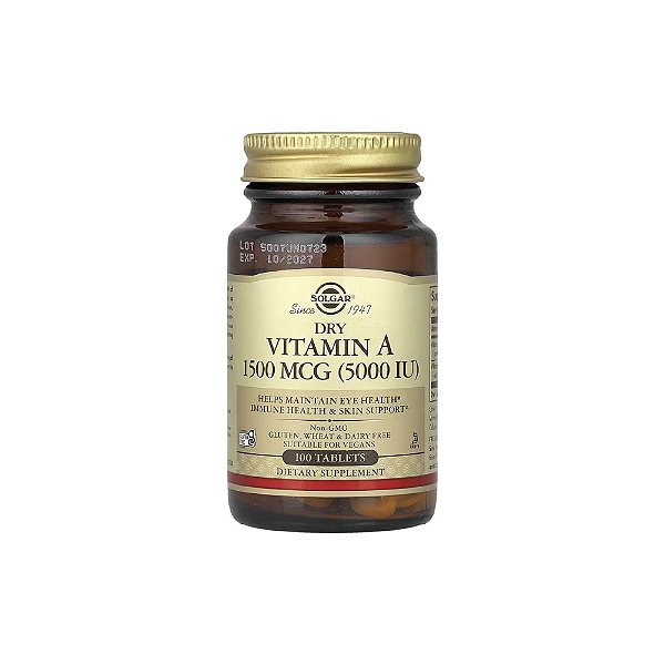 Vitamina A Seca Dry Vitamin A 1.500mcg (5.000 UI) 100 Comprimidos - Solgar