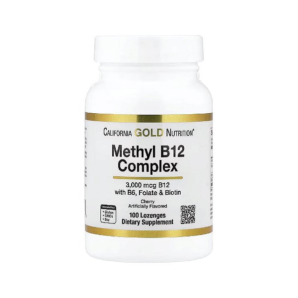 Complexo de Metil B12 com Folato Biotina e Vitamina B6 Cereja 100 Pastilhas - California Gold Nutrition