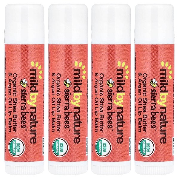 Sierra Bees™ Bálsamos Labiais Orgânicos Manteiga de Karité e Óleo de Argão Embalagem com 4 Unidades 4,25 g Cada - Mild By Nature