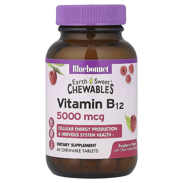 Earth Sweet Vitamina B12 5000 mcg Framboesa 60 Comprimidos - Bluebonnet Nutrition