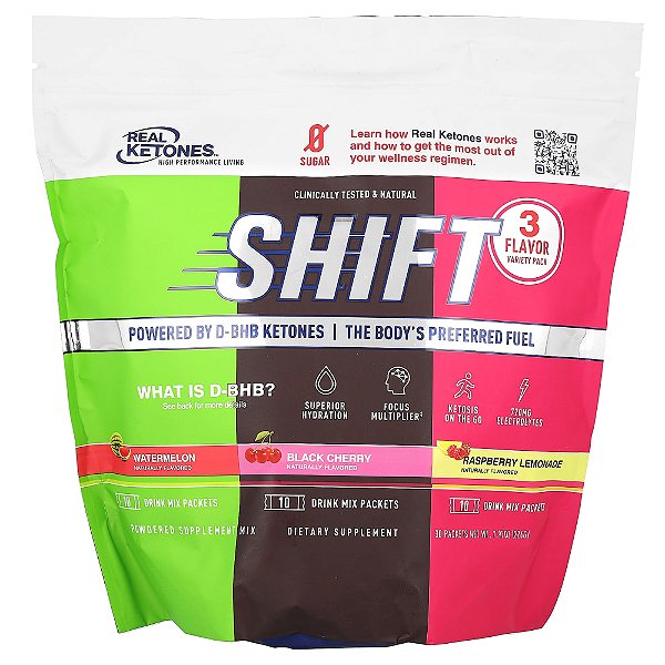 Shift Embalagem Variada Melancia Cereja Negra Limonada e Framboesa 30 Sachês - Real Ketones