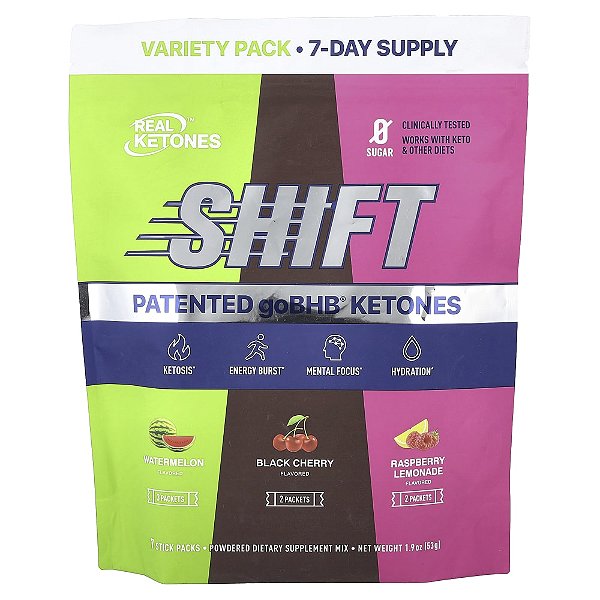 Shift Embalagem Variada Melancia Cereja Negra Limonada de Framboesa 7 Sachês 53g - Real Ketones