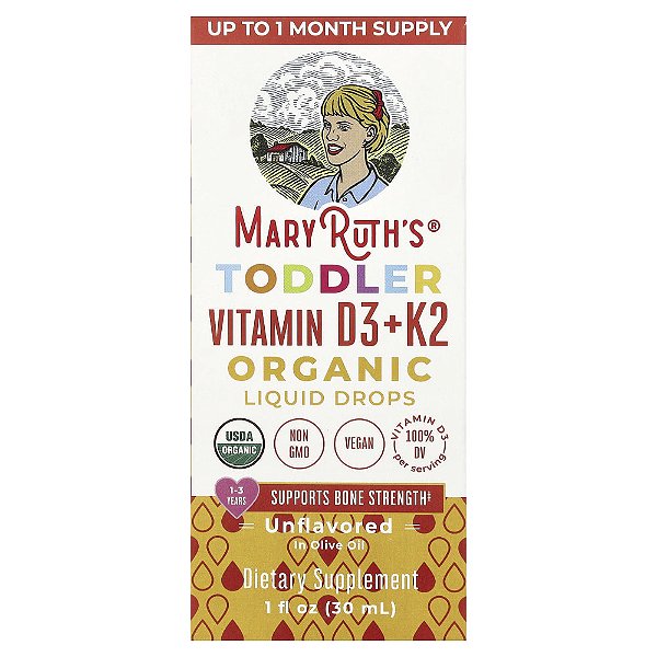 Vitamina D3 + K2 Orgânica em Gotas Líquidas 1 a 3 Anos Sem Sabor 30 ml - MaryRuth's