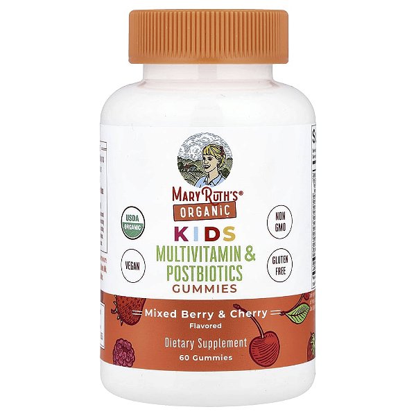 Orgânicos para Crianças Gomas Multivitamínicas e Pós-bióticos Misturas de Frutos Silvestres e Cereja 60 Gomas - MaryRuth's
