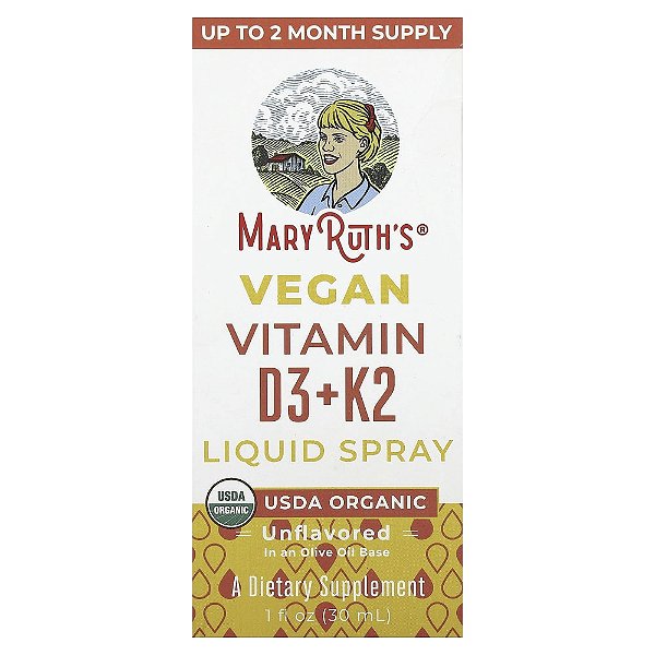 Spray Líquido Vegano de Vitaminas Vitamina D3 e K2 Sem Sabor 30 ml - MaryRuth's