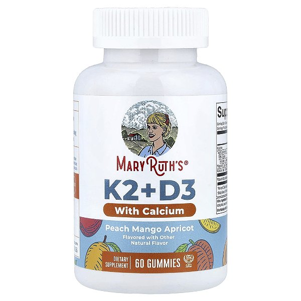 Vitamina K2 + Vitamina D3 com Gomas de Cálcio Pêssego Manga e Damasco 60 Gomas - MaryRuth's