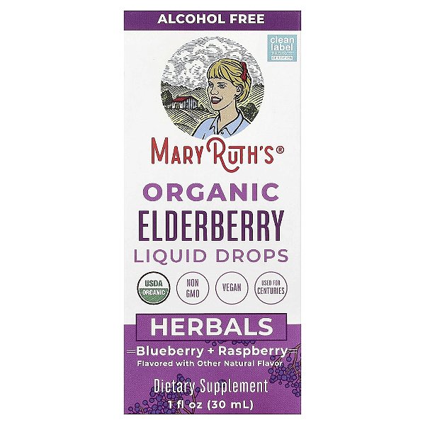 Gotas Líquidas de Sabugueiro Orgânico Sem Álcool Mirtilo + Framboesa 30 ml - MaryRuth's