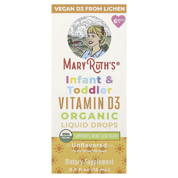 Vitamina D3 Orgânica em Gotas para Bebês e Crianças Pequenas A Partir de 6 Meses Sem Sabor 15 ml - MaryRuth's