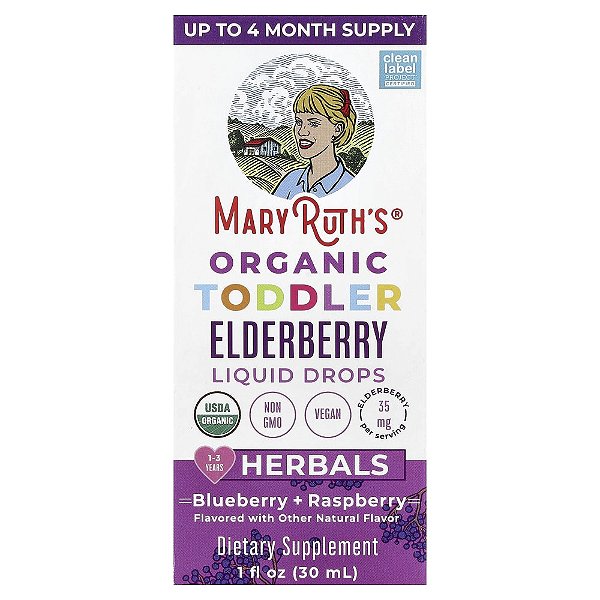Gotas Líquidas de Sabugueiro Orgânico para Crianças Pequenas 1 a 3 Anos Mirtilo + Framboesa 30 ml - MaryRuth's