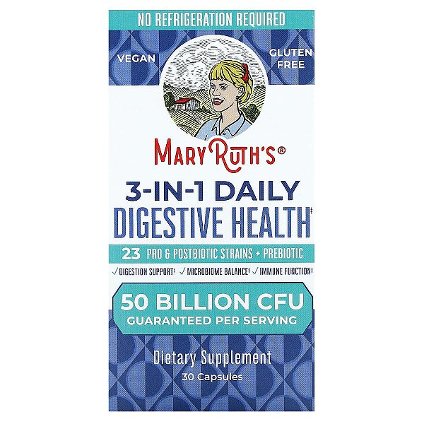 3 em 1 Saúde Digestiva Diária 50 Bilhões de UFCs 30 Cápsulas - MaryRuth's