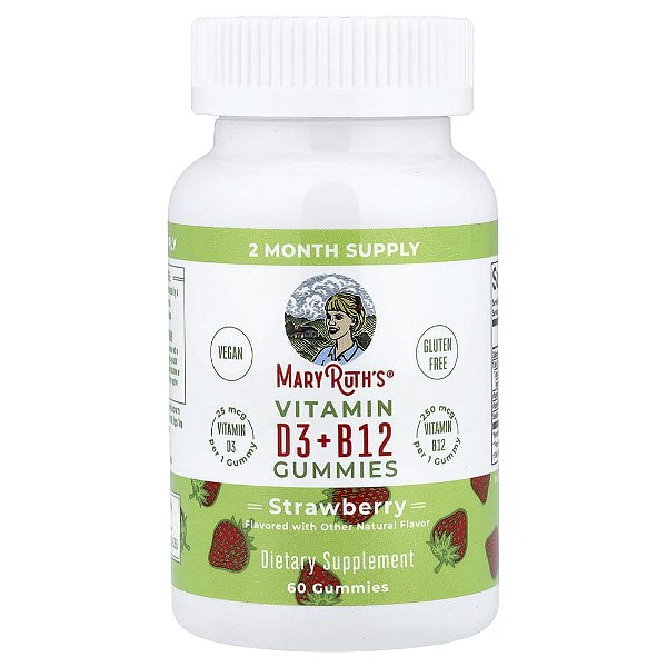 Gomas de Vitaminas Vitamina D3 e Vitamina B12 Morango 60 Gomas - MaryRuth's
