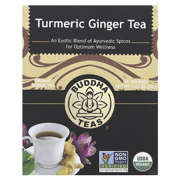Chá Orgânico Cúrcuma e Gengibre Sem Cafeína 18 Sachês 36 g - Buddha Teas