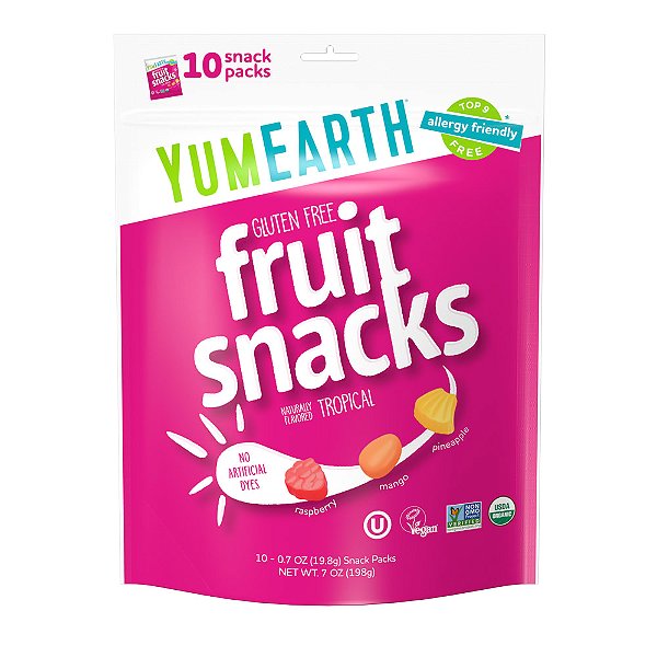 Lanches de Frutas Sem Glúten Frutas Tropicais 10 Pacotes 20 g Cada - YumEarth