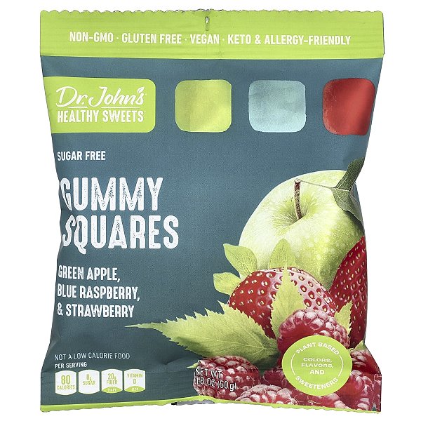 Quadradinhos de Goma Sem Açúcar Maçã Verde Framboesa Azul e Morango 50 g - Dr. John's Healthy Sweets