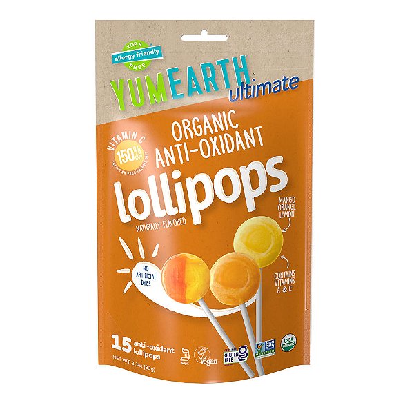 Ultimate Pirulitos Antioxidantes Orgânicos Manga Laranja Limão-Siciliano 15 Pirulitos 93 g (94 g) - YumEarth