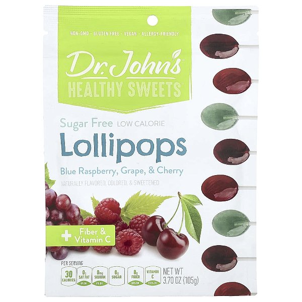 Pirulitos + Fibra e Vitamina C Framboesa Azul Uva e Cereja Sem Açúcar 105 g - Dr. John's Healthy Sweets
