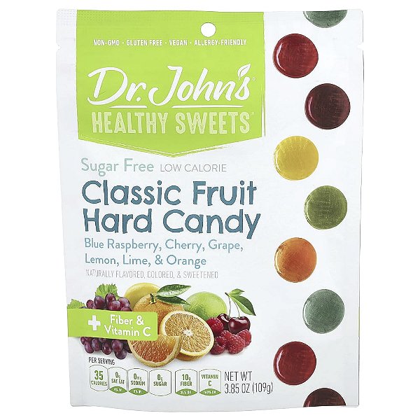 Bala Dura de Frutas Clássica Framboesa Azul Cereja Uva Limão Siciliano Limão Taiti e Laranja 109 g - Dr. John's Healthy Sweets