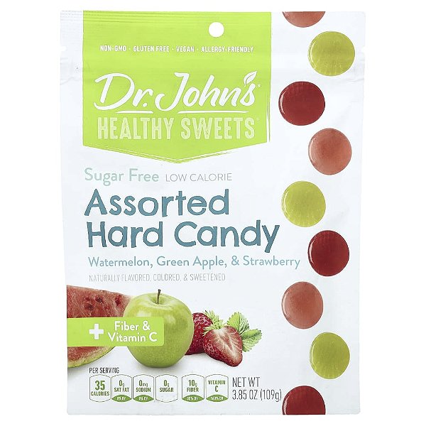 Balas Duras Sortidas + Fibra e Vitamina C Melancia Maçã Verde e Morango 109 g - Dr. John's Healthy Sweets